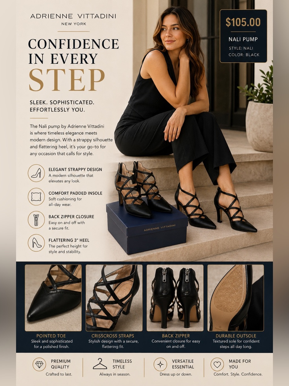 Adrienne Vittadini Black Strappy Pointed-Toe Pump 7 1/2